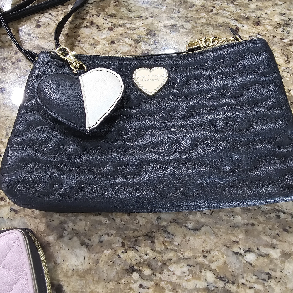Betsey Johnson Black and Gold Crossbody Bag with Heart Charm